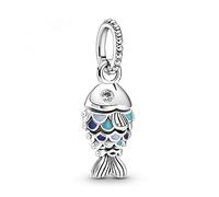 Pandora Passions Colgante con diseño de pez de plata de ley con circonitas cúbicas transparentes, esmalte azul marino auténtico, azul capri y azul pastel