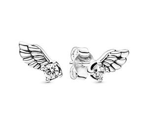 Pandora Passions Pendientes de botón con diseño de alas de ángel centelleantes de plata de ley con circonitas cúbicas transparentes
