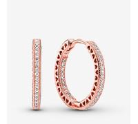 PANDORA Signature Pendientes de aro centelleantes con corazones chapados en oro rosa de 14 quilates con circonitas cúbicas transparentes, 20 mm