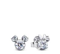 Pandora Disney Pendientes de botón de plata de ley con silueta de Mickey y Minnie con circonitas cúbicas transparentes