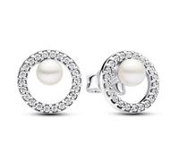Pandora Pendientes de botón Timeless – Plata de ley, perla blanca de agua dulce tratada y circonitas