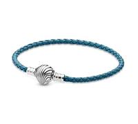 Pandora Pulsera de cuero trenzado color turquesa con cierre de plata de ley con diseño de concha, 19 cm