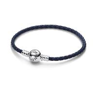 PANDORA Pulsera de mujer de piel azul oscuro 592790C01, 17,5 cm, Plata de ley Cuero, No es una piedra preciosa