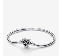 Pandora Moments Pulsera de plata de ley con cadena de serpiente y cierre en forma de corazón y símbolo de infinito con circonita cúbica transparente, 21