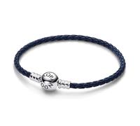 Pandora Pulseras Pulsera de Cuero Trenzado Azul con Cierre Redondo de Pandora Moments 592790C01-S3