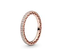 PANDORA Signature Anillo centelleante con corazones chapado en oro rosa de 14 quilates con circonitas cúbicas transparentes, talla 60