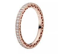 PANDORA Signature Anillo centelleante con corazones chapado en oro rosa de 14 quilates con circonitas cúbicas transparentes, talla 58