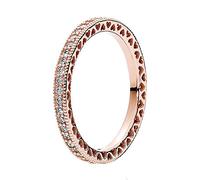 PANDORA Signature Anillo centelleante con corazones chapado en oro rosa de 14 quilates con circonitas cúbicas transparentes, talla 60