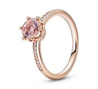 PANDORA Signature Anillo con diseño de corona rosada centelleante chapado en oro rosa de 14 quilates con cristal rosa rubor y circonitas cúbicas transparentes, talla 60