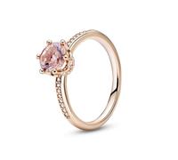 PANDORA Signature Anillo con diseño de corona rosada centelleante chapado en oro rosa de 14 quilates con cristal rosa rubor y circonitas cúbicas transparentes, talla 52