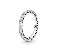 PANDORA Signature Anillo con diseño de destellos y corazones de plata con circonitas cúbicas transparentes, talla 52