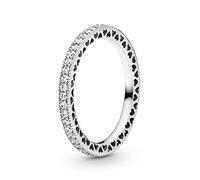 PANDORA Signature Anillo con diseño de destellos y corazones de plata con circonitas cúbicas transparentes, talla 58