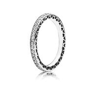 PANDORA Signature Anillo con diseño de destellos y corazones de plata con circonitas cúbicas transparentes, talla 50