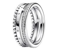 PANDORA Signature Anillo con engaste pavé, cuentas y logotipo de plata de ley con circonitas cúbicas transparentes, talla 56