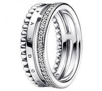 PANDORA Signature Anillo con engaste pavé, cuentas y logotipo de plata de ley con circonitas cúbicas transparentes, talla 56