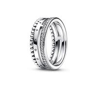 PANDORA Signature Anillo con engaste pavé, cuentas y logotipo de plata de ley con circonitas cúbicas transparentes, talla 50