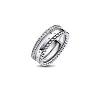 PANDORA Signature Anillo con engaste pavé, cuentas y logotipo de plata de ley con circonitas cúbicas transparentes, talla 48