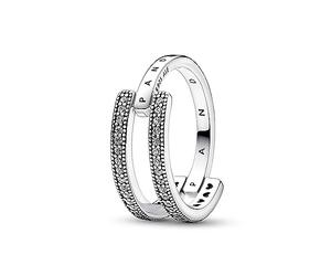 PANDORA Signature Anillo con engaste pavé, doble banda y logotipo de plata de ley con circonitas cúbicas transparentes