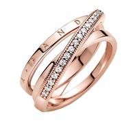 PANDORA Signature Anillo con triple banda cruzada con engaste pavé chapado en oro rosa de 14 quilates con circonitas cúbicas transparentes, talla 52
