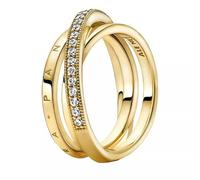 PANDORA Signature Anillo cruzado con triple banda y engaste pavé chapado en oro de 14 quilates con circonitas cúbicas transparentes, talla 56