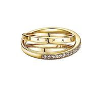 PANDORA Signature Anillo cruzado con triple banda y engaste pavé chapado en oro de 14 quilates con circonitas cúbicas transparentes, talla 52