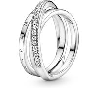 PANDORA Signature Anillo de triple banda cruzada con engaste pavé de plata de ley y circonitas cúbicas transparentes, talla 48