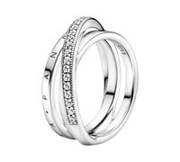 PANDORA Signature Anillo de triple banda cruzada con engaste pavé de plata de ley y circonitas cúbicas transparentes, talla 58