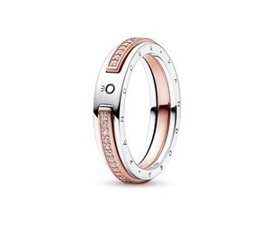 PANDORA Signature Anillo en 2 tonos con logotipo y engaste pavé