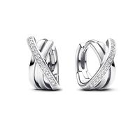 PANDORA Signature Pendientes de aro cruzados con engaste pavé de plata de ley y circonitas cúbicas transparentes