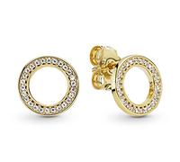 PANDORA Signature Pendientes de botón con diseño de círculo centelleante chapados en oro de 14 quilates con circonitas cúbicas transparentes