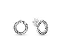 PANDORA Signature Pendientes de botón reversibles con logotipo de plata de ley con circonitas cúbicas transparentes