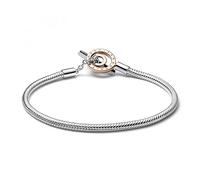 PANDORA Signature Pulsera de cadena de serpiente con cierre bicolor con logotipo y barra en T en plata de ley y chapada en oro rosa de 14 k, 19