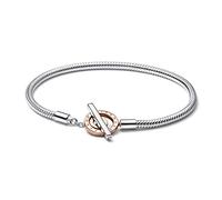 PANDORA Signature Pulsera de cadena de serpiente con cierre bicolor con logotipo y barra en T en plata de ley y chapada en oro rosa de 14 k, 18