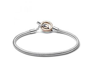 PANDORA Signature Pulsera de cadena de serpiente con cierre bicolor con logotipo y barra en T en plata de ley y chapada en oro rosa de 14 quilates