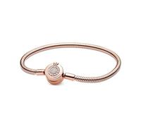 PANDORA Signature Pulsera de cadena de serpiente con cierre con diseño de corona centelleante en O chapada en oro rosa de 14 quilates con circonitas cúbicas transparentes, 18