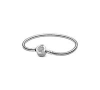 PANDORA Signature Pulsera de cadena de serpiente con cierre con diseño de corona centelleante en O de plata de ley con circonitas cúbicas transparentes, 19
