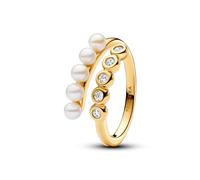 Pandora Timeless Anillo abierto chapado en oro de 14 quilates con perla blanca cultivada de agua dulce tratada y circonita cúbica transparente, talla 52