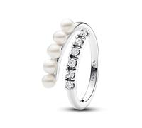 Pandora Timeless Anillo abierto de plata de ley con perla blanca cultivada de agua dulce tratada y circonita cúbica transparente, talla 54