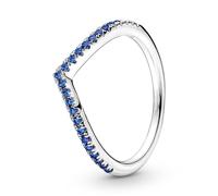 Pandora Timeless Anillo centelleante azul con diseño de hueso de plata de ley con cristales azul estelar, talla 48