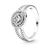 PANDORA Timeless Anillo centelleante con diseño de halo doble de plata de ley con circonitas cúbicas transparentes
