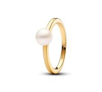 Pandora Timeless Anillo chapado en oro de 14 quilates con perla blanca cultivada de agua dulce tratada, talla 54
