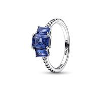 Pandora Timeless Anillo con 3 piedras rectangulares azules centelleantes con cristales azul princesa y circonitas cúbicas transparentes, talla 54
