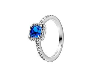 PANDORA Timeless Anillo con diseño cuadrado de plata de ley con cristales azul auténtico