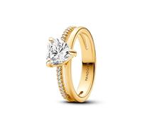 Pandora Timeless Anillo con diseño de corazón chapado en oro de 14 quilates con circonitas cúbicas transparentes, talla 50