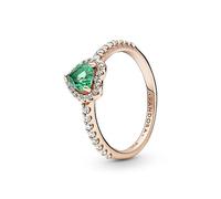 Pandora Timeless Anillo con diseño de corazón chapado en oro rosa de 14 quilates con cristales verdes y circonitas cúbicas transparentes, talla 52