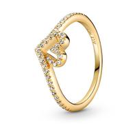 Pandora Timeless Anillo con diseño de corazón y hueso de la suerte chapado en oro de 14 quilates con circonitas cúbicas transparentes, talla 48