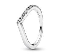 PANDORA Timeless Anillo con diseño de hueso de la suerte y mitad centelleante de plata de ley con circonitas cúbicas transparentes