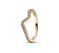 PANDORA Timeless Anillo con diseño de onda chapado en oro de 14 quilates con circonitas cúbicas transparentes