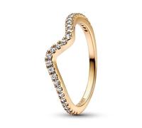 PANDORA Timeless Anillo con diseño de onda chapado en oro de 14 quilates con circonitas cúbicas transparentes