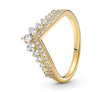 Pandora Timeless Anillo con diseño de tiara de hueso de la suerte chapado en oro de 14 quilates con circonitas cúbicas transparentes, talla 62